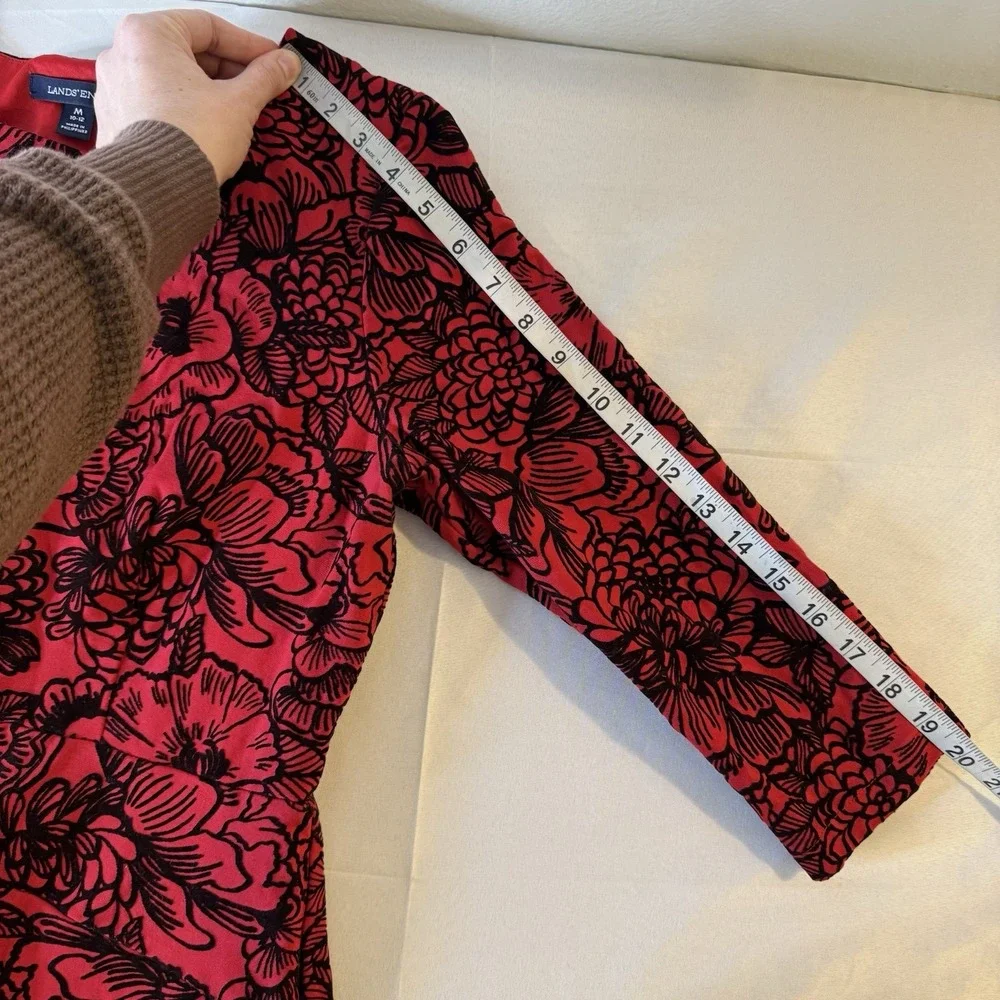 Lands End‎ Red Black Velvet Floral Fit And Flare Dress 3/4 Sleeve Women's Medium